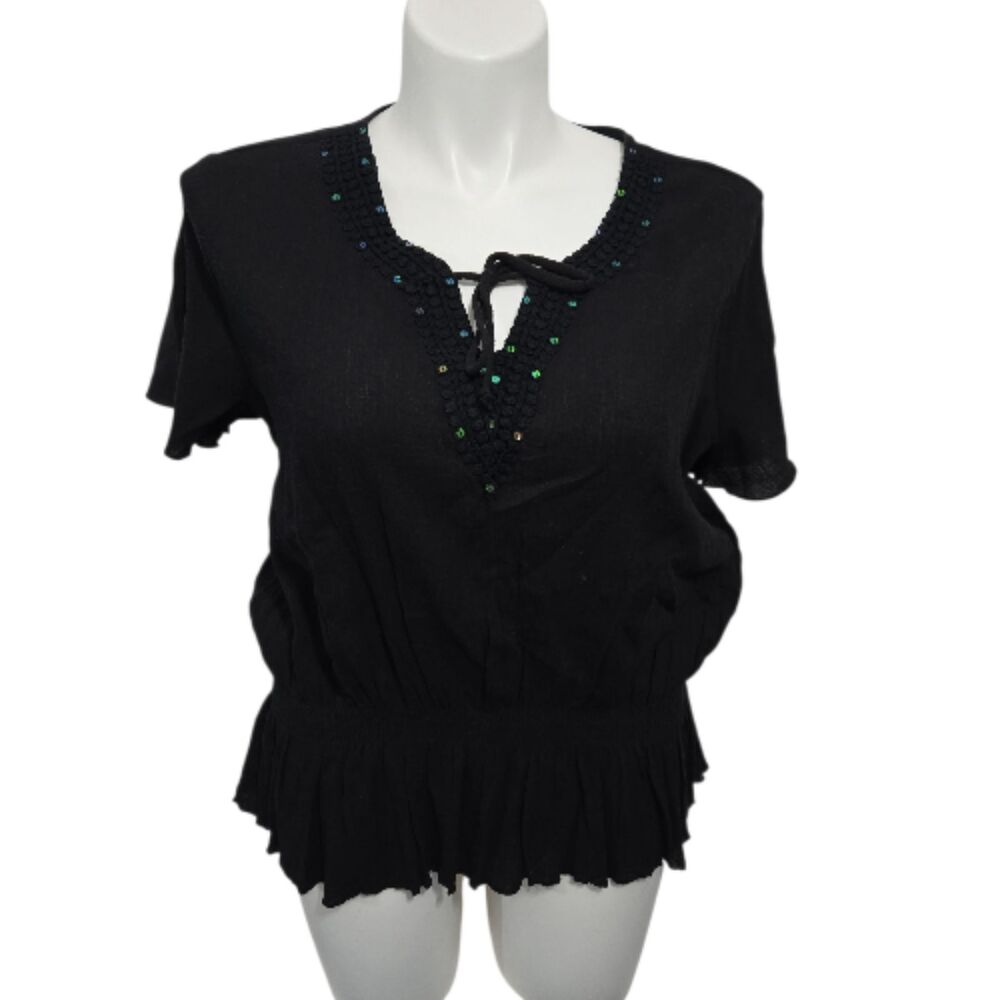 Elementz Sequence Accented Blouse Women Large Black Eleastisized Waistband